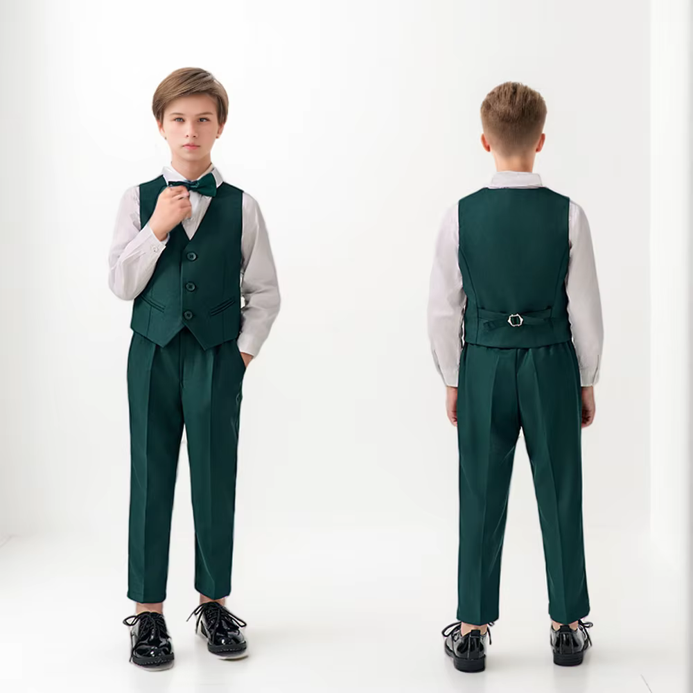 Ensemble de Costume vert haut de gamme pour garçons, Costume de photographie de mariage et d'anniversaire pour enfants, Blazer, gilet, pantalon, tenue avec nœud papillon