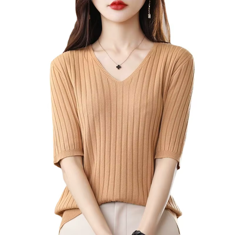 Pull tricoté en cachemire à manches courtes et col en v pour femme