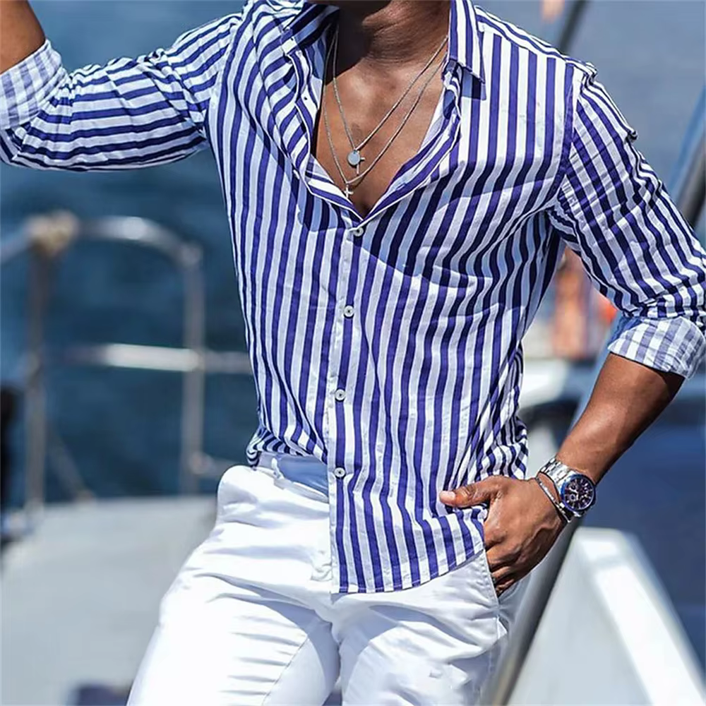 Chemise pour hommes avec lignes imprimées haute définition, col à manches longues pour hommes d'affaires décontractés à la mode, chemise de haute qualité