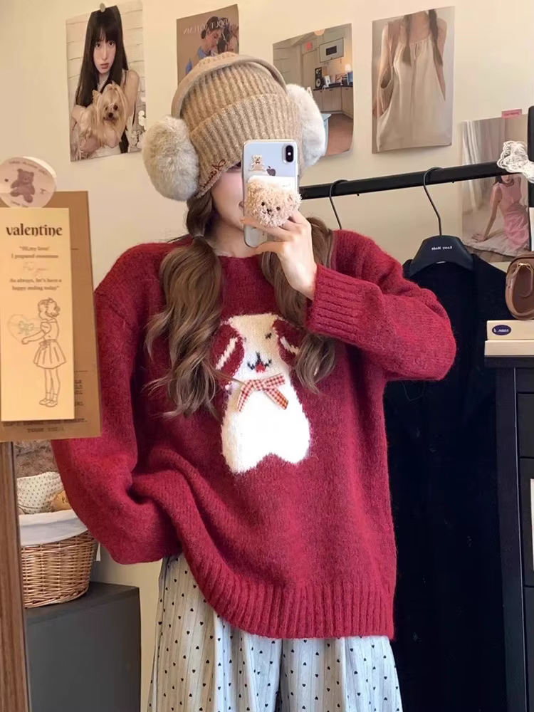 Noël rouge mignon dessin animé pull femmes Vintage col rond doux arc tricoté