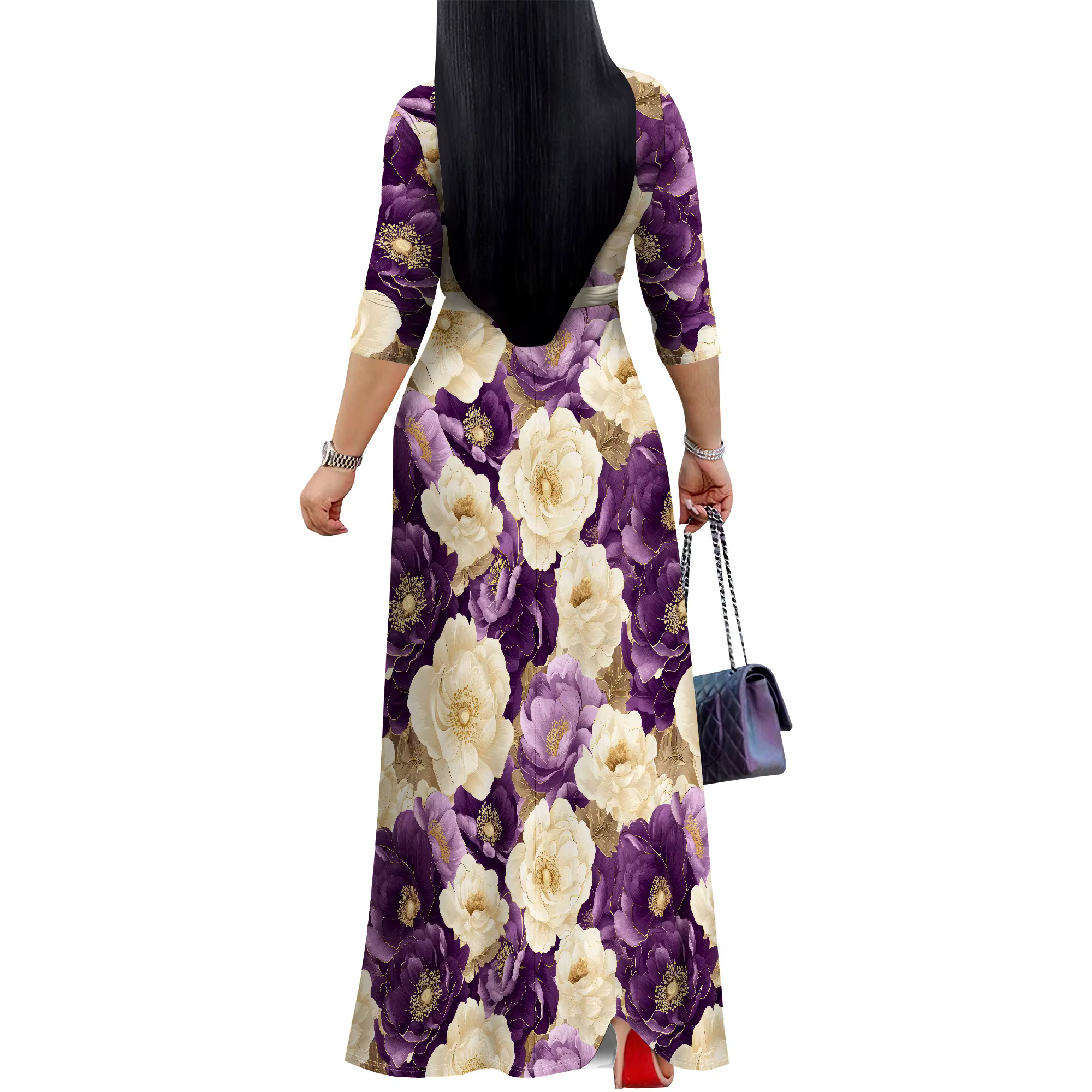 Robe portefeuille florale à col en V – Robe mi-longue fluide à nouer à la taille, robe d'été Boho pour femme