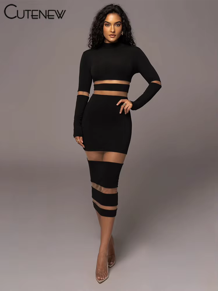 NIBBER femmes élégant col roulé rayure tricoté Robe Maxi manches longues corps-shaping