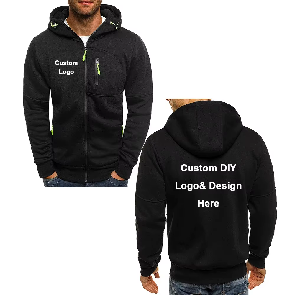Veste à capuche avec fermeture éclair pour hommes, avec poches, texte d'image de logo personnalisé, streetwear de sport décontracté, pull en laine cardigan pour hommes, mode