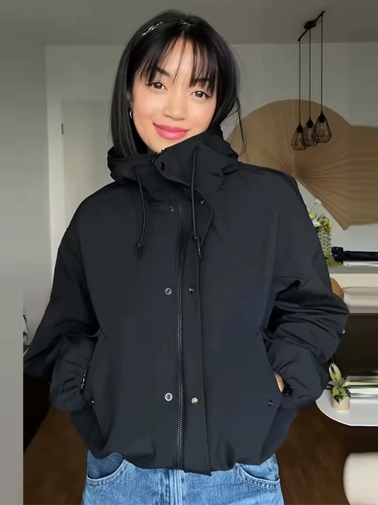 Vestes courtes décontractées à capuche pour femmes, manteaux à col montant avec boutons amples, hauts de couleur unie, vêtements d'extérieur d'automne