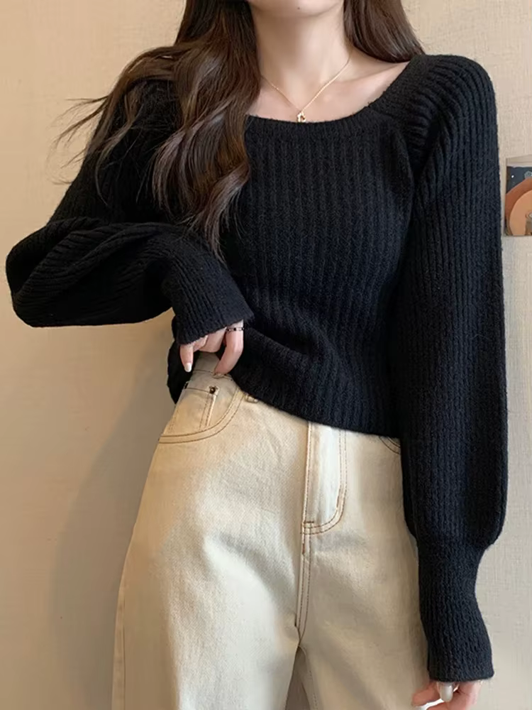 Pull à manches lanternes pour femme, style décontracté, coton léger, col carré, originalité traditionnelle, moralité valorisée, effet amincissant, usage automne-hiver, occasions spéciales