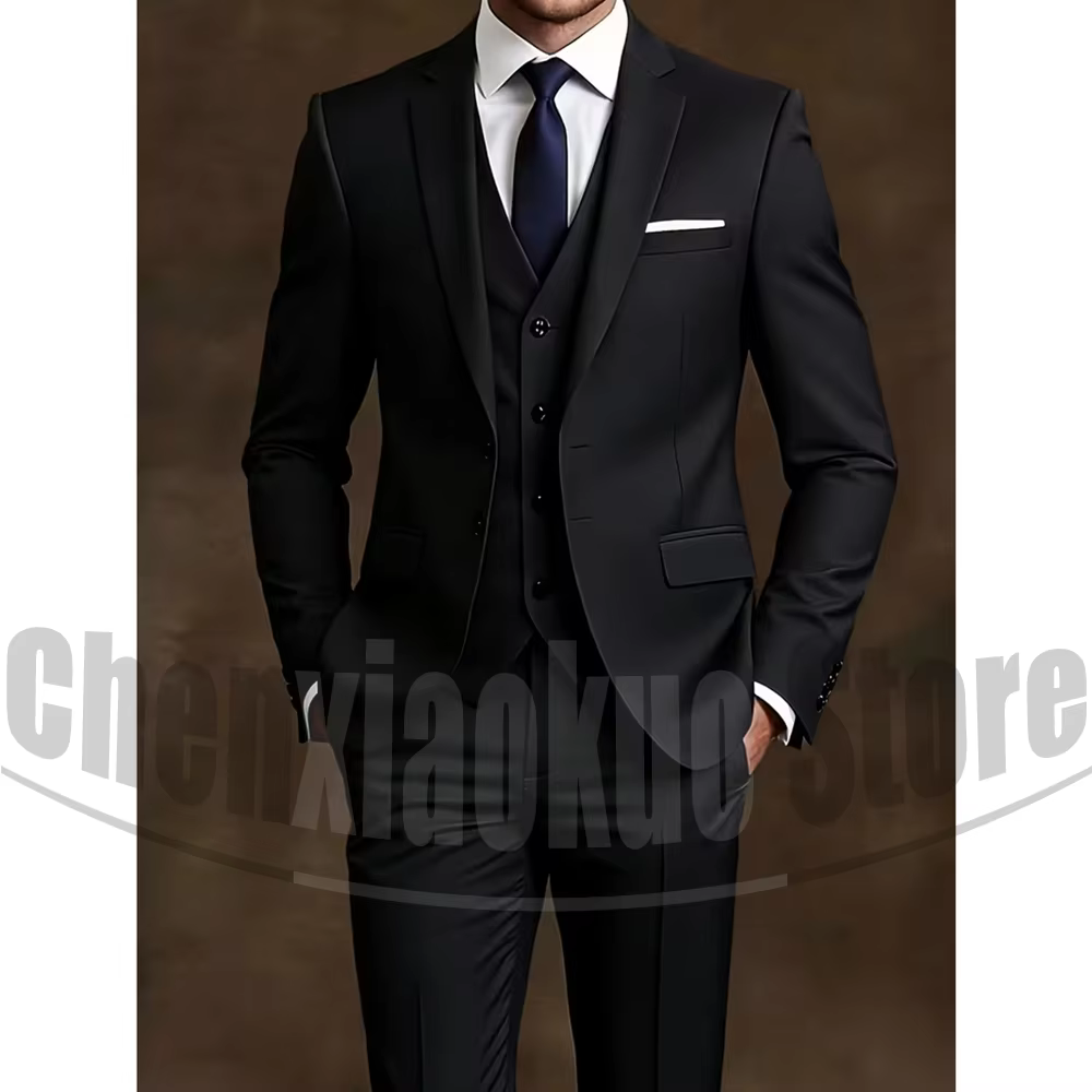 Costume chic pour homme 3 pièces, blazer à revers cranté, gilet et pantalon, tenue formelle pour affaires, mariage, soirée, smoking, tenue élégante décontractée pour gentleman