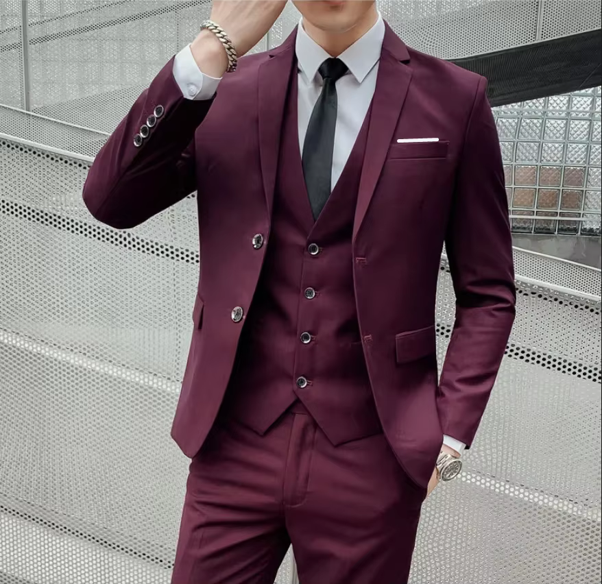 Costume (Blazer + gilet + pantalon) pour hommes, à la mode, pour hommes d'affaires, Style britannique, couleur unie, hôte de Banquet, costume de mariage décontracté