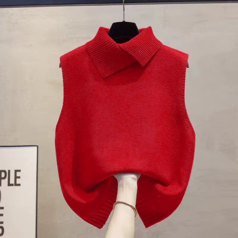 Nouveau gilet en tricot coréen uni à col rabattu sans manches