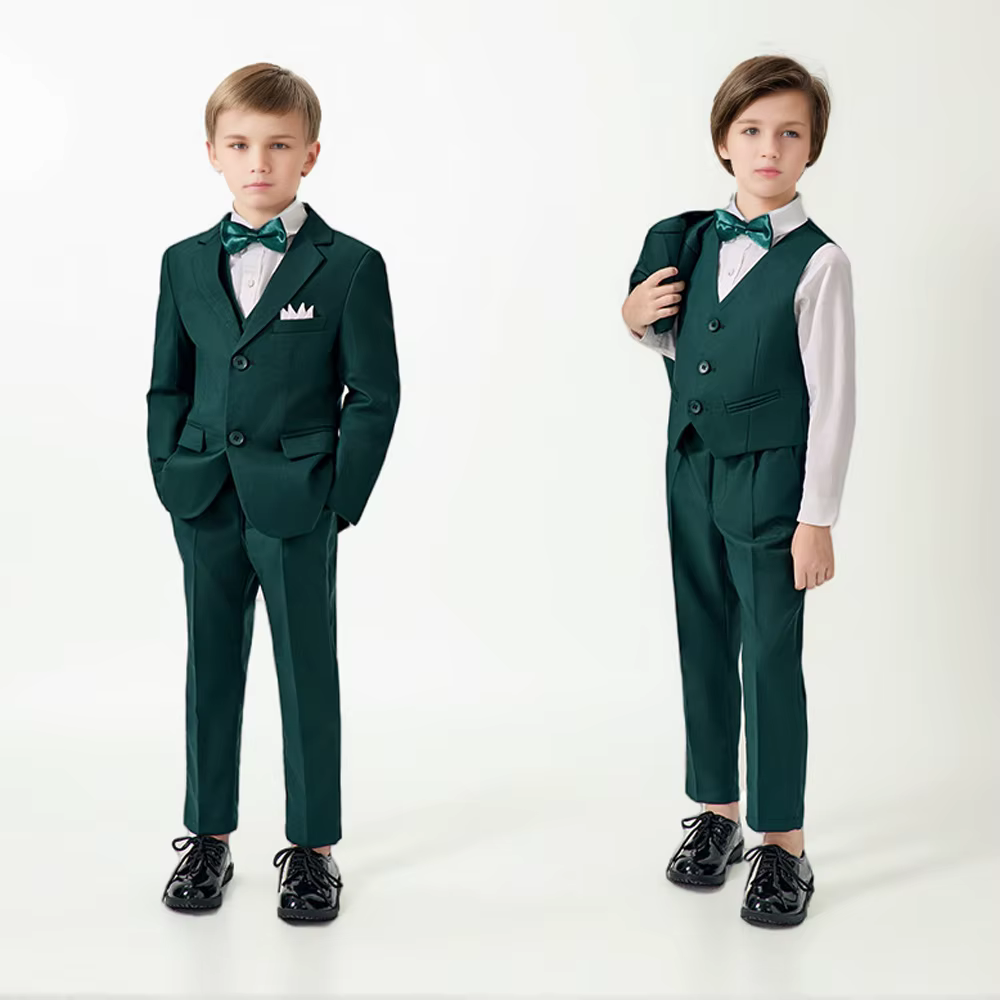 Ensemble de Costume vert haut de gamme pour garçons, Costume de photographie de mariage et d'anniversaire pour enfants, Blazer, gilet, pantalon, tenue avec nœud papillon