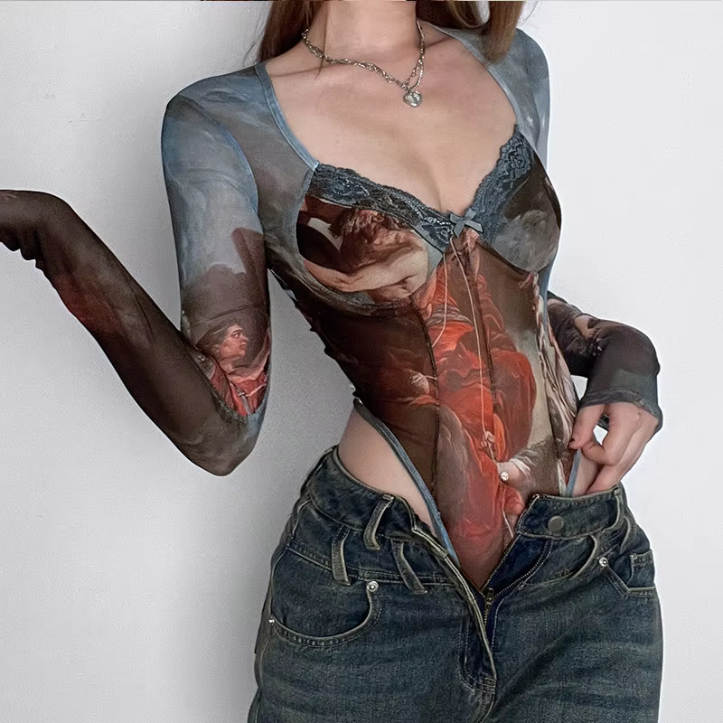 Costumes de batterie en maille à col carré pour femmes, toile vintage, nœud en dentelle imprimé, marron rétro, taille haute, emballage d'Halloween et de Noël