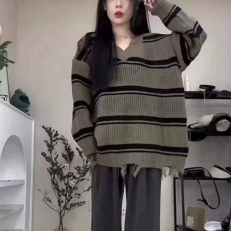 Nouveau pull rayé à franges pour femme, automne-hiver, élégant et confortable, polyester léger, coupe ample, style bureau-dame, fourrure subtile, multicolore