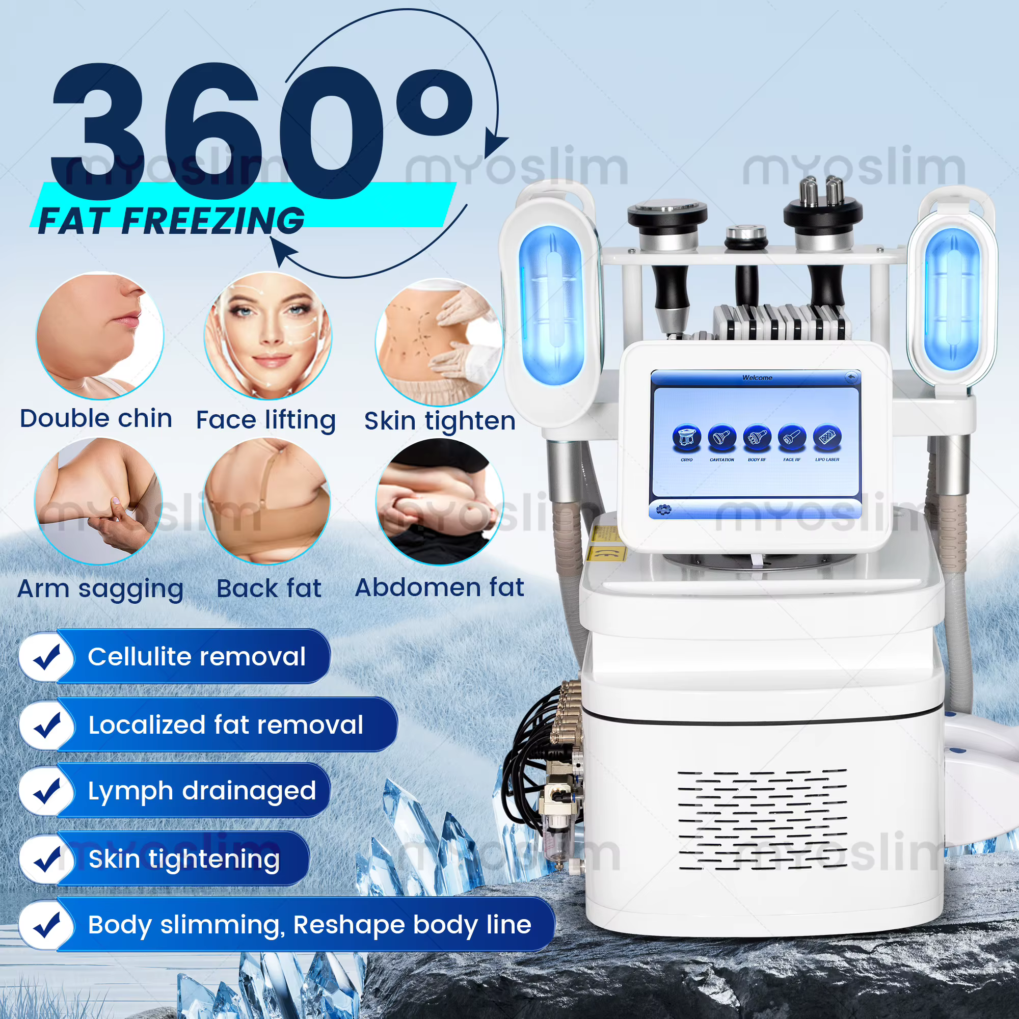 360 ° Sculpture corporelle rafraîchissante et amincissante pour une perte de poids efficace, cryolipolyse, élimination de la cellulite grâce à un système de cavitation sous vide
