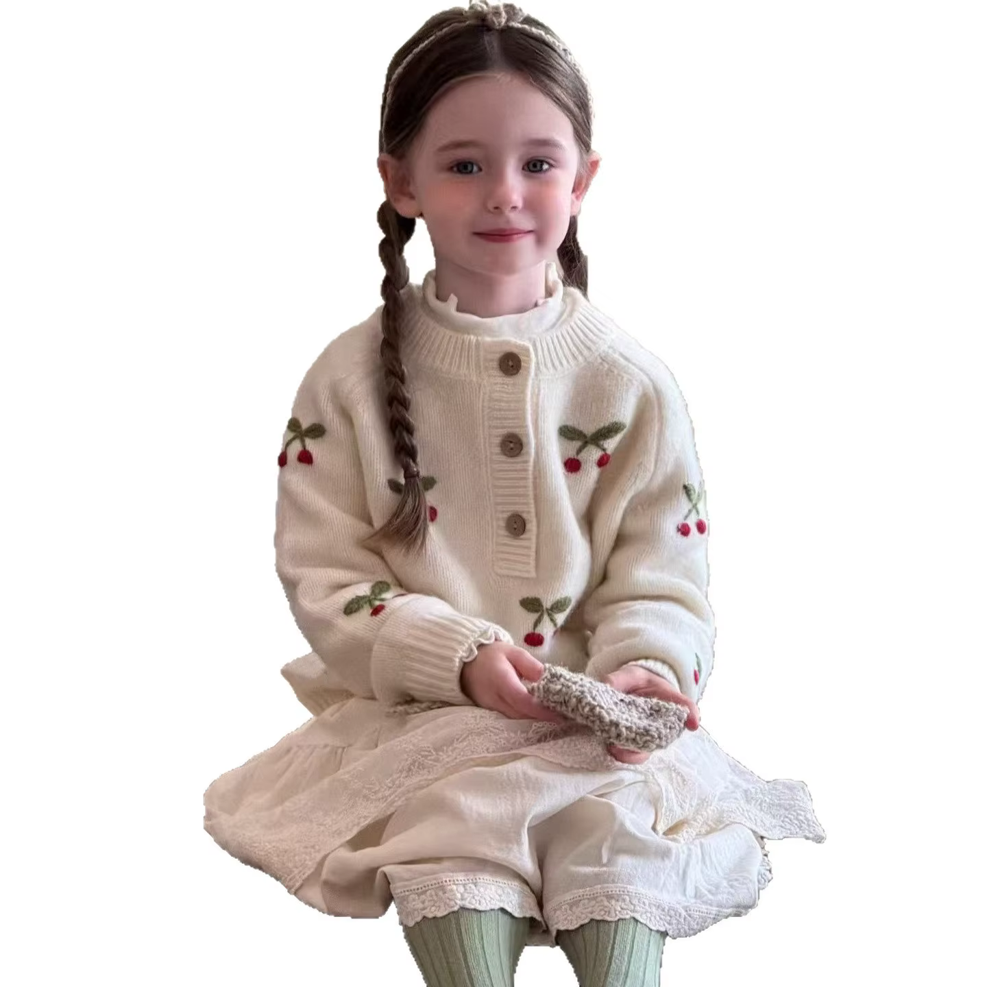 Pull pour enfants, col rond, broderie cerise, haut en tricot pour bébé, nouvelle collection hiver 2025