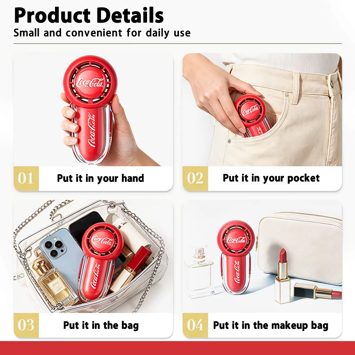 Mini ventilateur portatif Coca-Cola, ventilateur de poche rechargeable par USB 2000mAh, vent super puissant, 3 vitesses, longue durée de vie de la batterie, pour les voyages en plein air