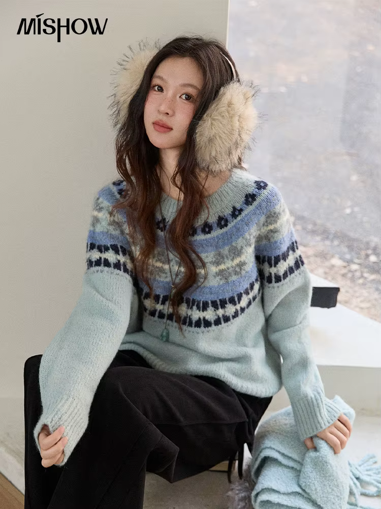 MISHOW femmes bleu Fair Isle pull 2025 hiver géométrique Jacquard ample rétro laine mélange tricot pulls MXE87Z2767