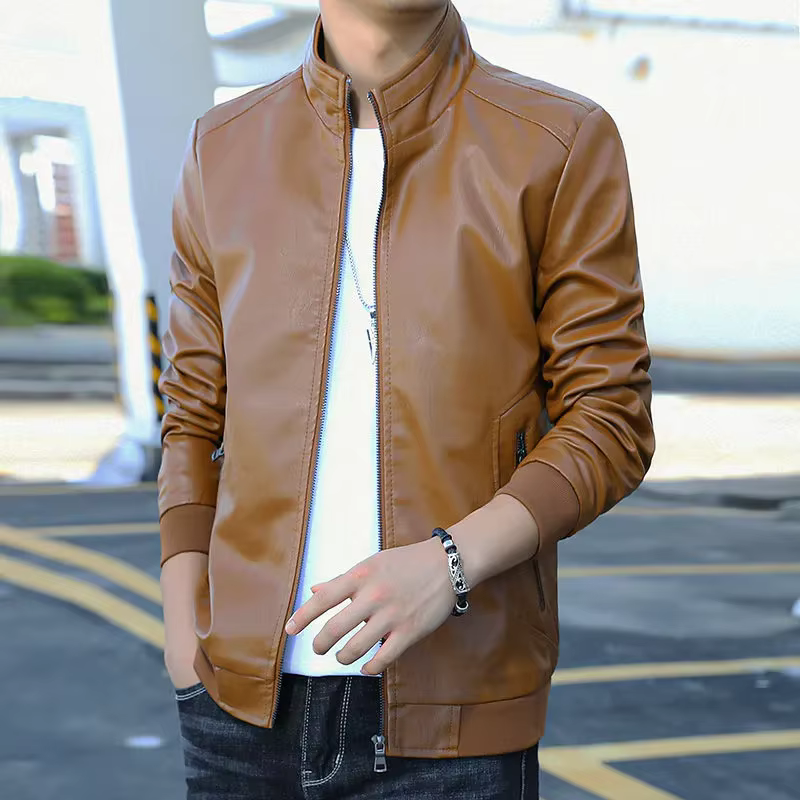 Veste ample décontractée à la mode pour hommes avec velours épaissi hiver avec col montant en cuir PU