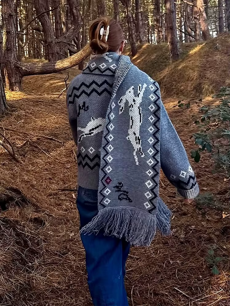 Vintage tricoté imprimé Cardigan manteau femmes Chic décontracté col claudine simple boutonnage pull dame nouveau automne rue tricots