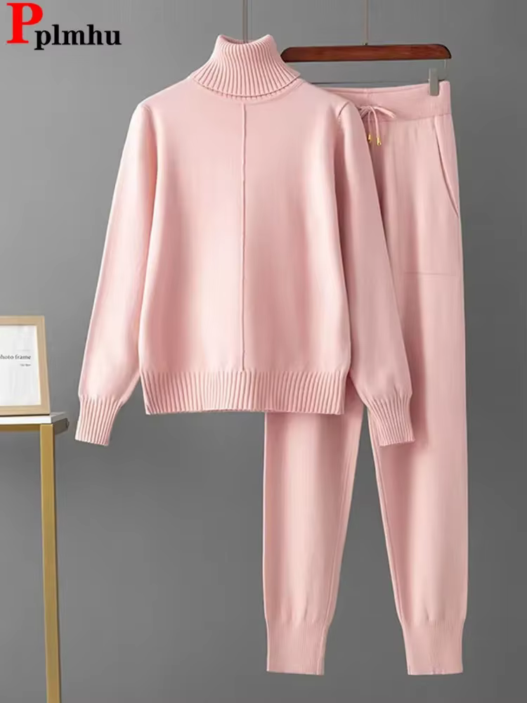 Femmes col roulé tricots pull hauts pullover Conjuntos taille haute décontractée sarouel tenue couleur bonbon tricoté 2 pièces ensembles