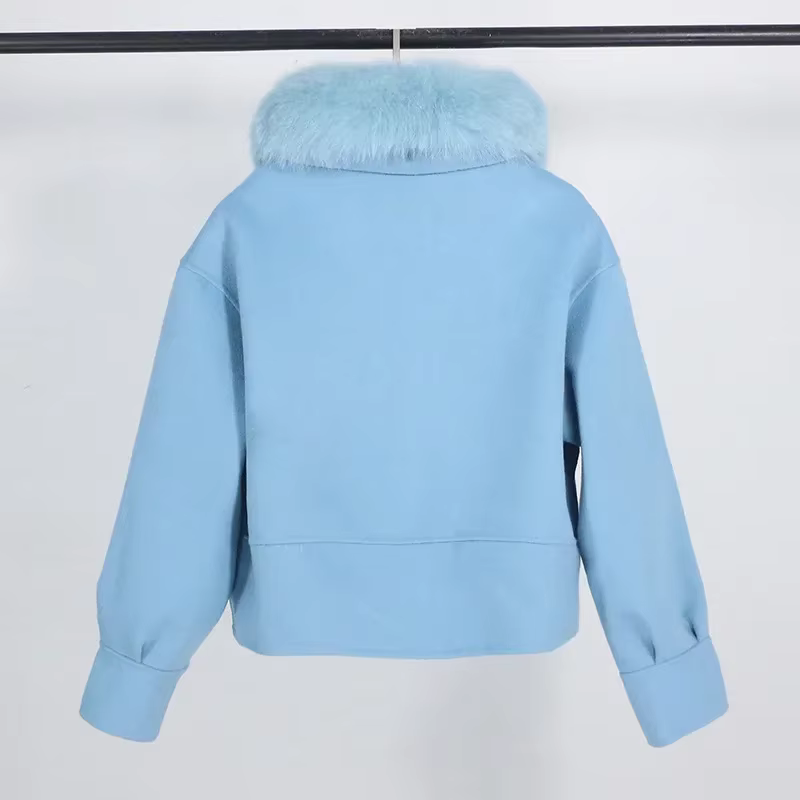 Manteau court décontracté pour femme avec col en fourrure de renard