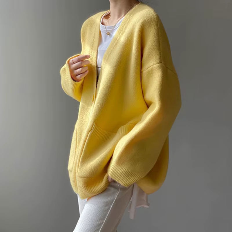 Cardigan chic jaune à simple boutonnage pour femme