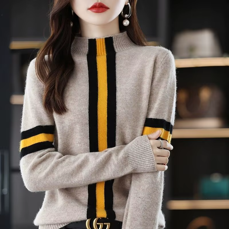 Pull rayé noir et bleu ciel pour femmes, style années 90, col montant, coton acétate polyester, pour automne et hiver