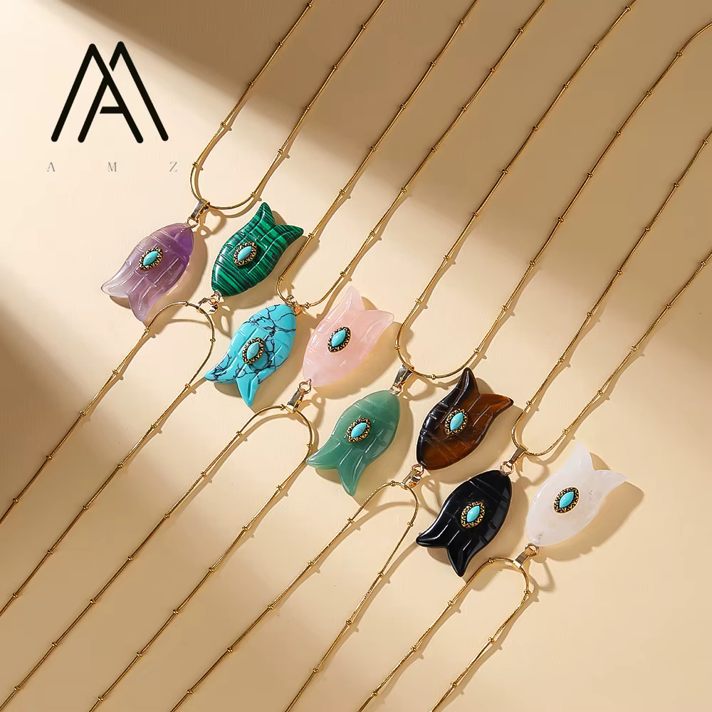 Collier en forme de poisson améthyste naturelle Malachite pendentif colliers bohème Mini collier Style unisexe usage quotidien de fête bijoux