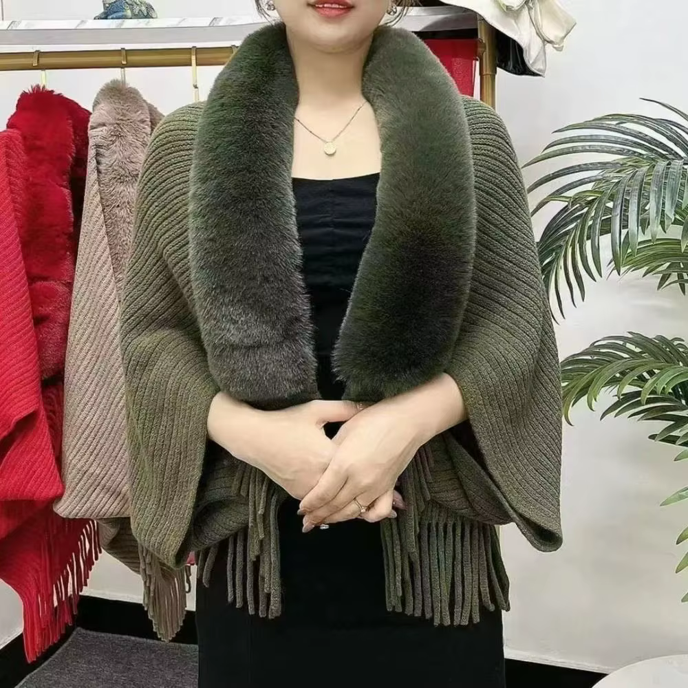 Robes de soirée pour femmes Cardigan Cape hiver chaud tricot châle fausse fourrure col enveloppes