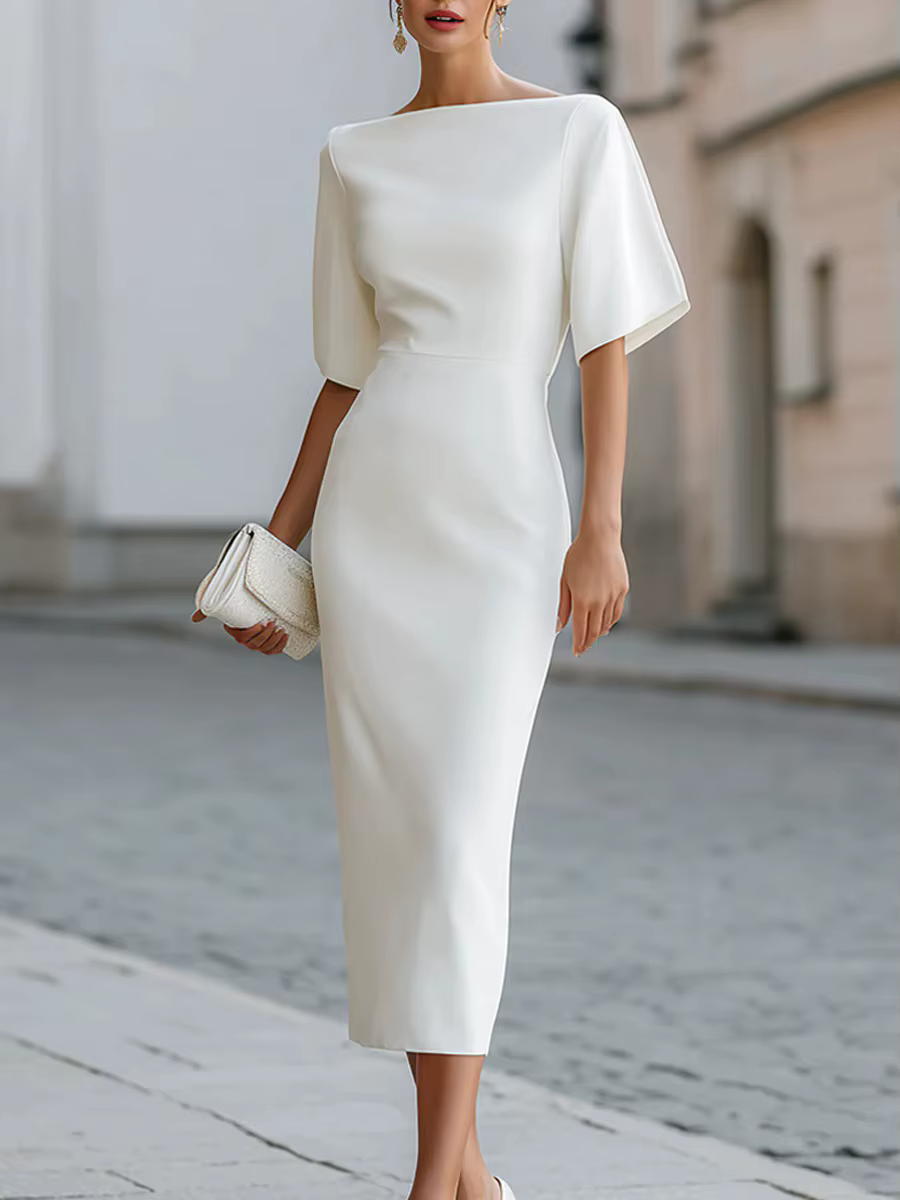 Robe midi moulante à col bateau et manches courtes, élégante et ajustée, style crayon