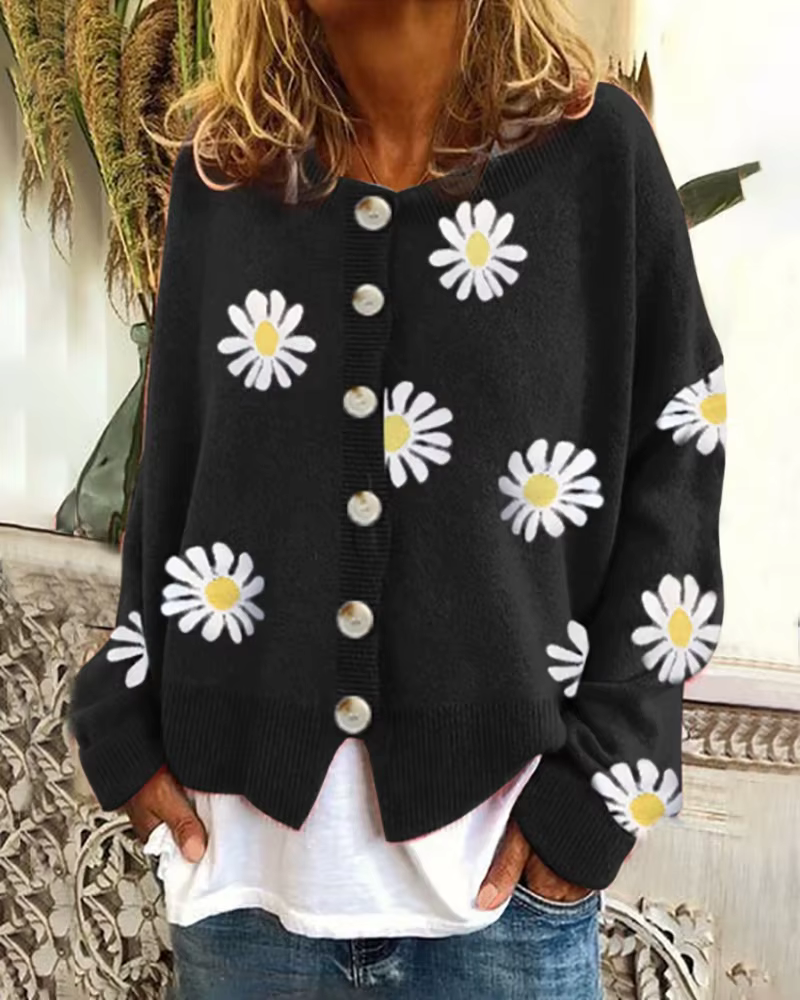 Femmes Cardigan pull tricoté col rond femme automne chrysanthème tricot chandails mode