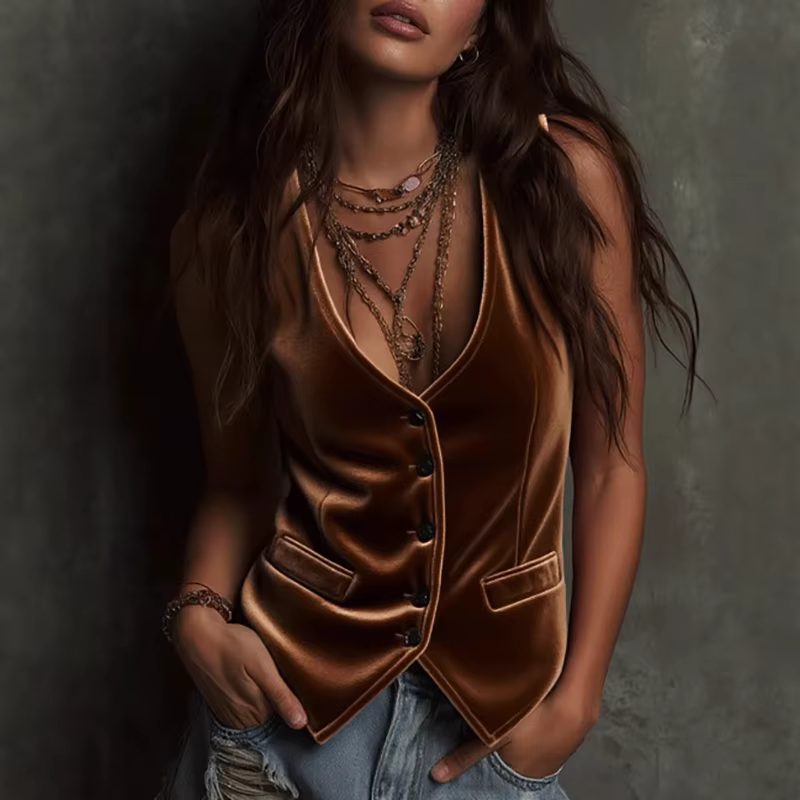 Mode solide velours femmes gilet veste élégant col en V bouton haut Cardigan décontracté sans manches mince Vintage manteaux d'extérieur