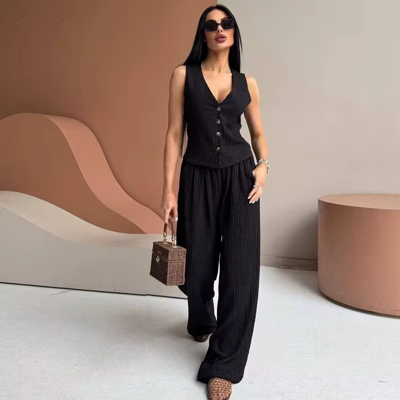 MUJER femmes pantalons ensembles texturés taille haute pantalons ensembles pour femmes 2 pièces sans manches gilet femme tenue dame ensembles femmes costumes