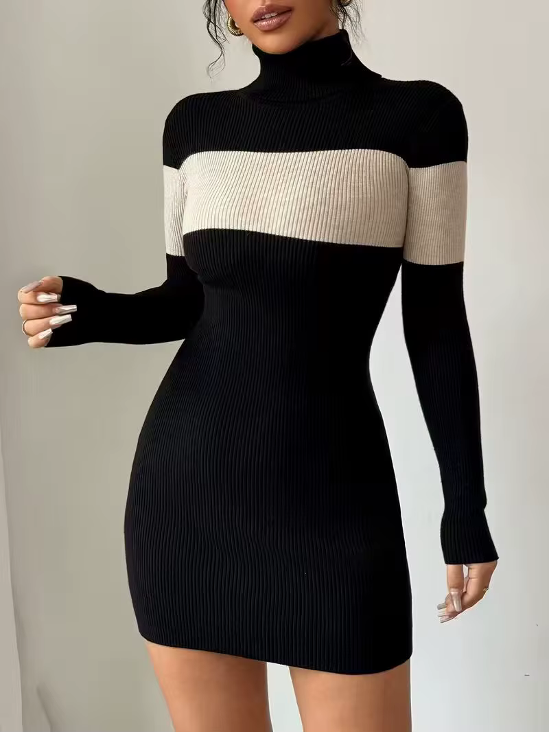 Robe en tricot ajustée à col montant et blocs de couleur – Vêtement élégant pour femme automne/hiver