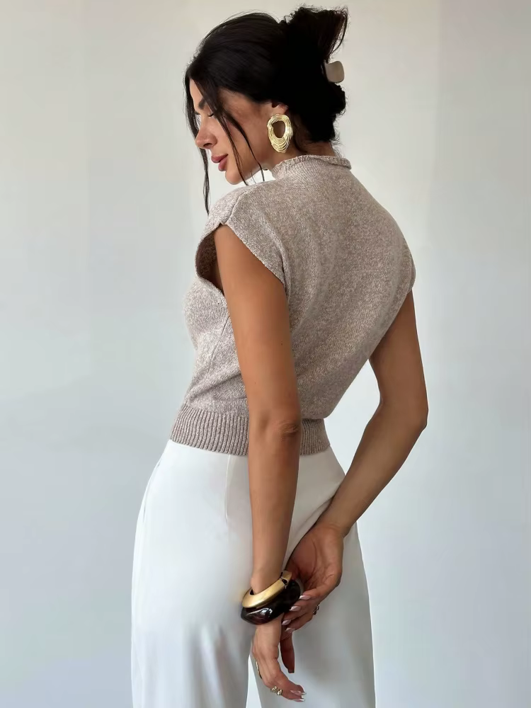 Pull en maille à col montant et manches courtes pour femme – Printemps
