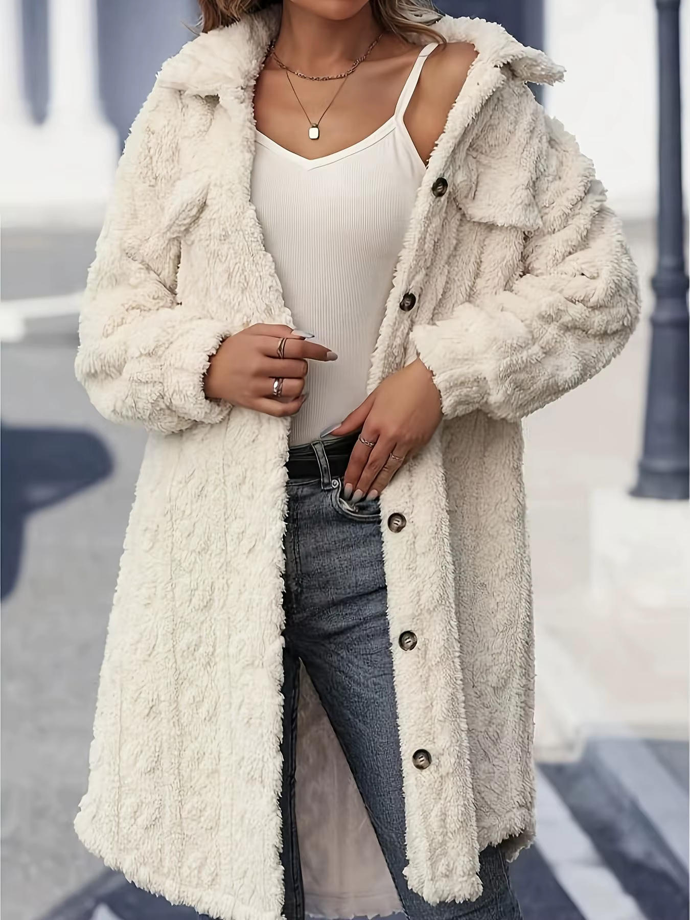 Cardigan boutonné à col avec tissu peluche double face
