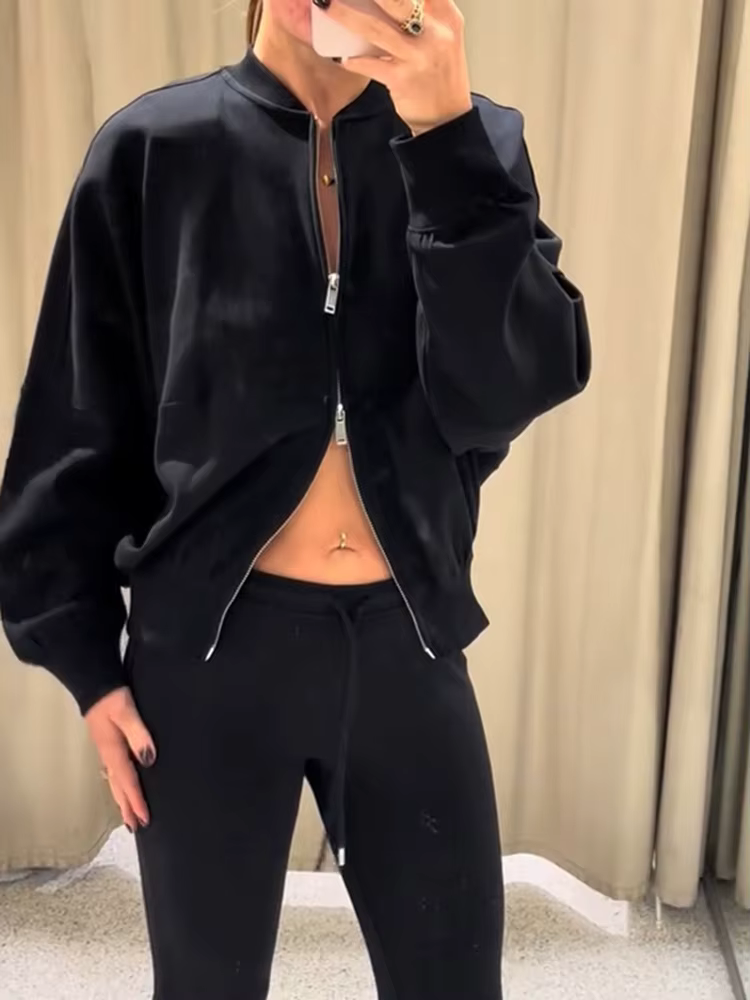 Mode femmes solide fermeture éclair col veste revers cou manches longues recadrée Style manteau 2025 automne femme décontracté Sport porter