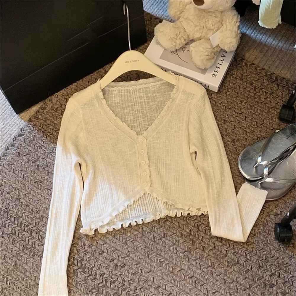2025 pull été rose Cardigan mode coréenne dentelle bouton à manches longues haut court femmes