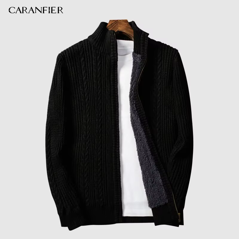 CARANFIER velours fermeture éclair marque chandails hommes tricoté Cardigan coupe ajustée vêtements solide côtelé bas pull tricots manteaux 3XL
