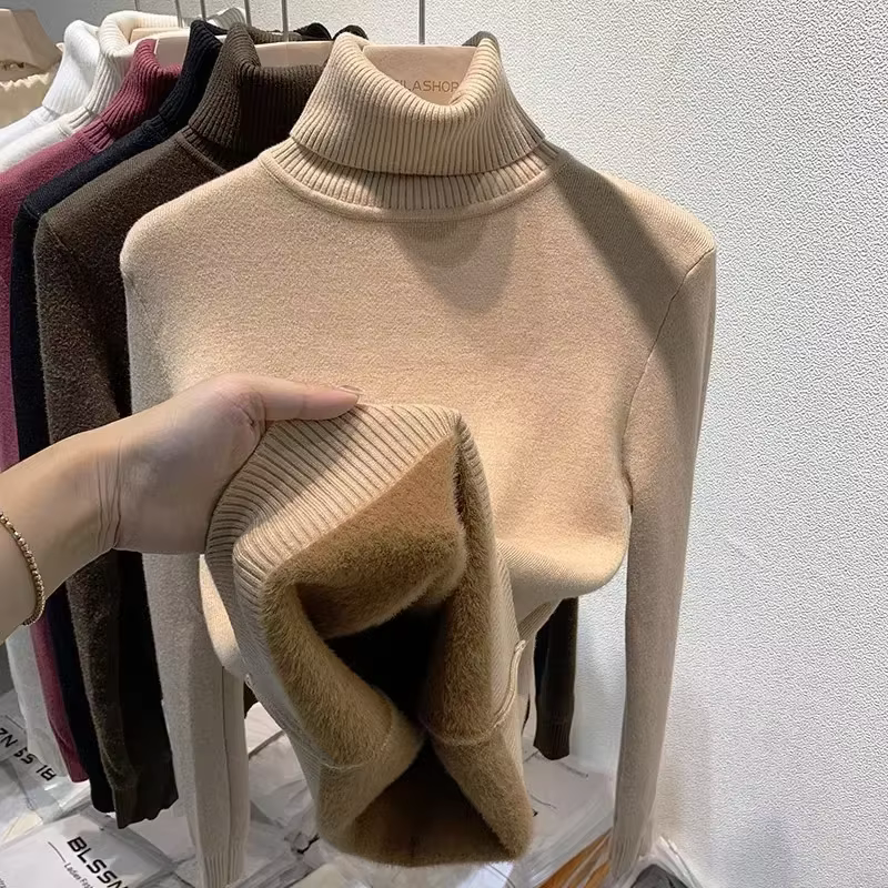 Pull chaud épais doublé de polaire pour femme