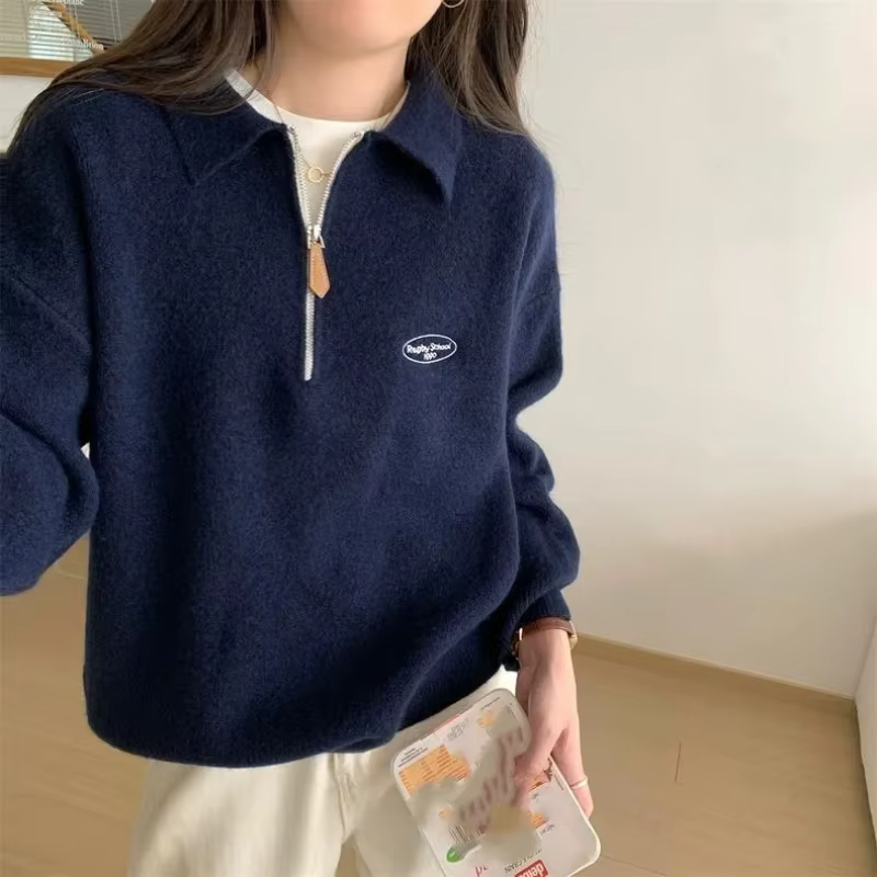 Version coréenne de Simple col Polo fermeture éclair haut pull en tricot femmes automne hiver 2025 nouveau Style polyvalent ample tenue décontracté