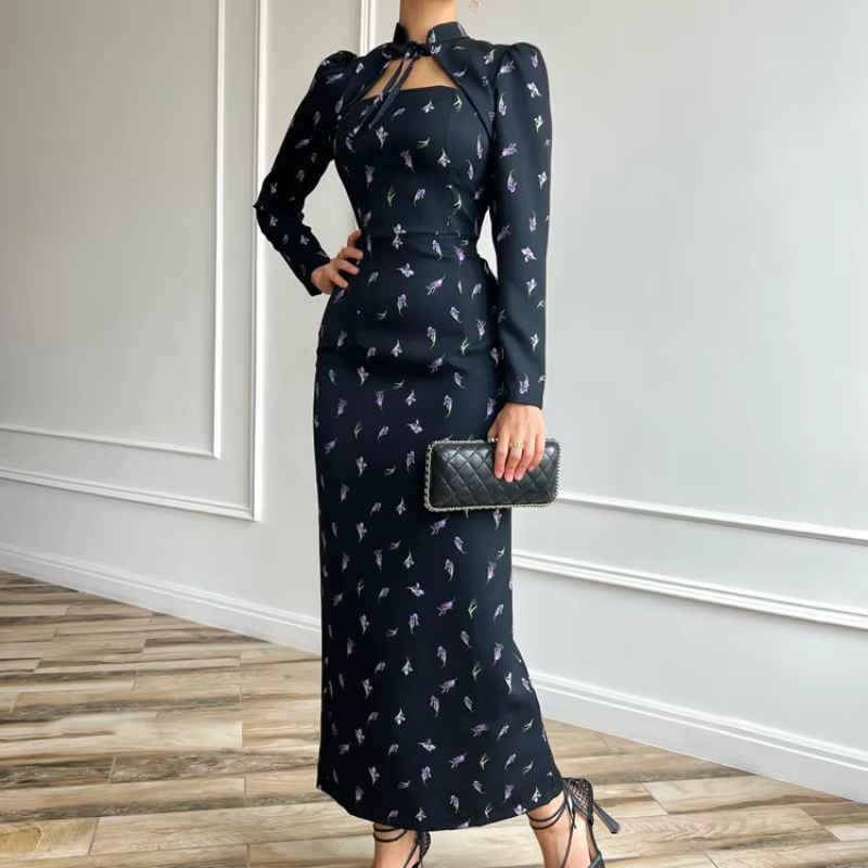 Robe à manches longues pour femmes, automne, bureau français, imprimé, col montant, Corset, fente fine, moulante, Robe longue, Club, Robe serrée