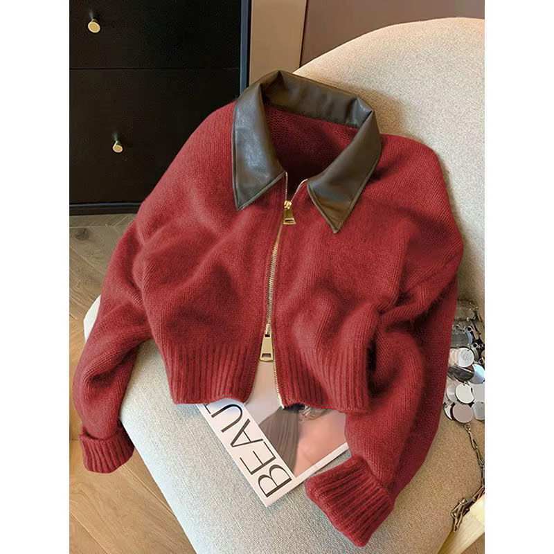 Patchwork fermeture éclair recadrée Chic Cardigan femmes épais automne tricoté pull Bomber veste Vintage années 2000 court ajusté manteau en tricot