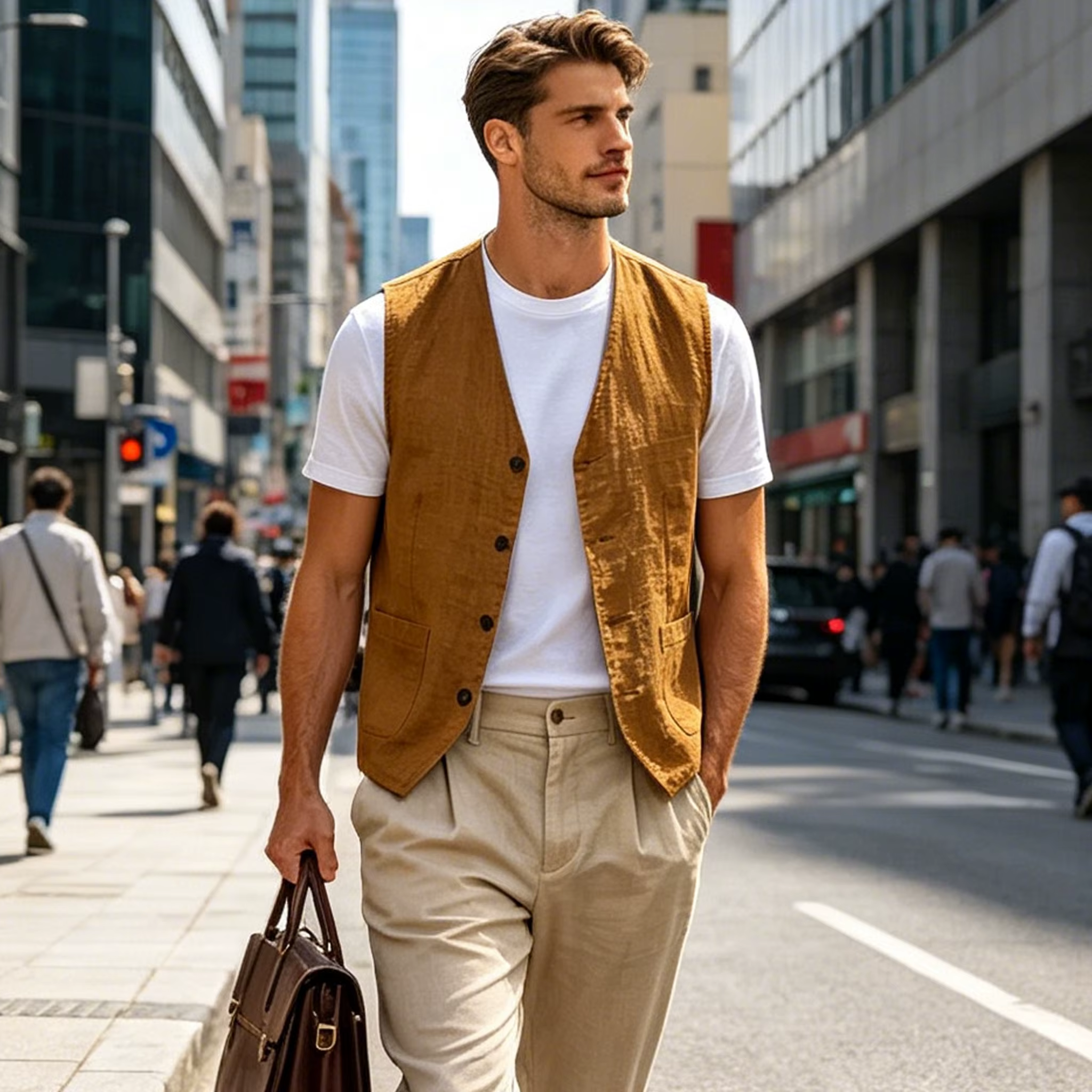 Gilet décontracté en lin pour hommes, col en v, sans manches, léger, respirant, couleur unie, à boutons, pour les vacances quotidiennes