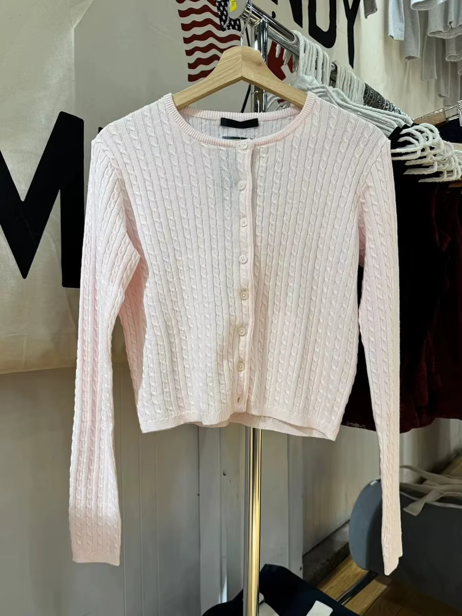 Cardigan tricoté à manches longues en coton torsadé rose pour femmes
