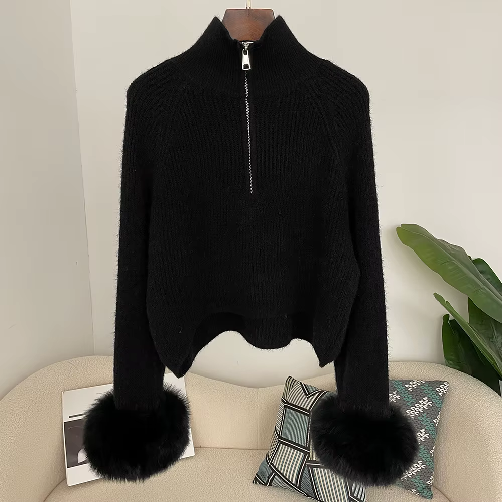 DEBAIFUR 2025 nouveau hiver doux pull fourrure de renard manchette dame mode Cardigan comprend laine femmes col haut