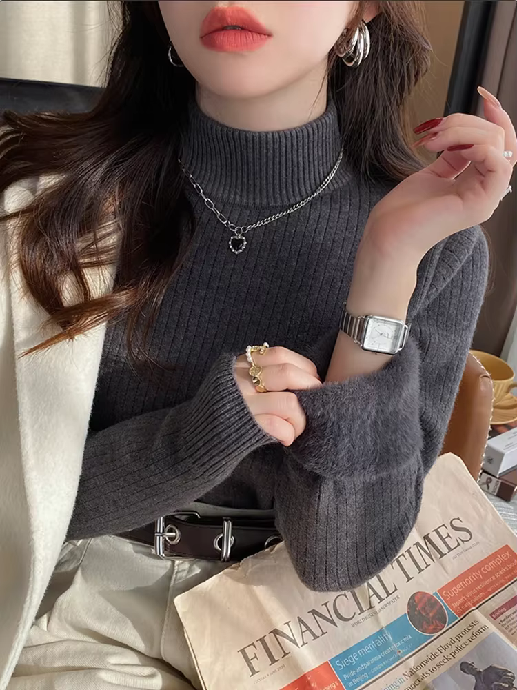 Pull à col roulé rétro pour femmes, en acrylique et coton, doublure en velours, pour automne-hiver, confort et élégance