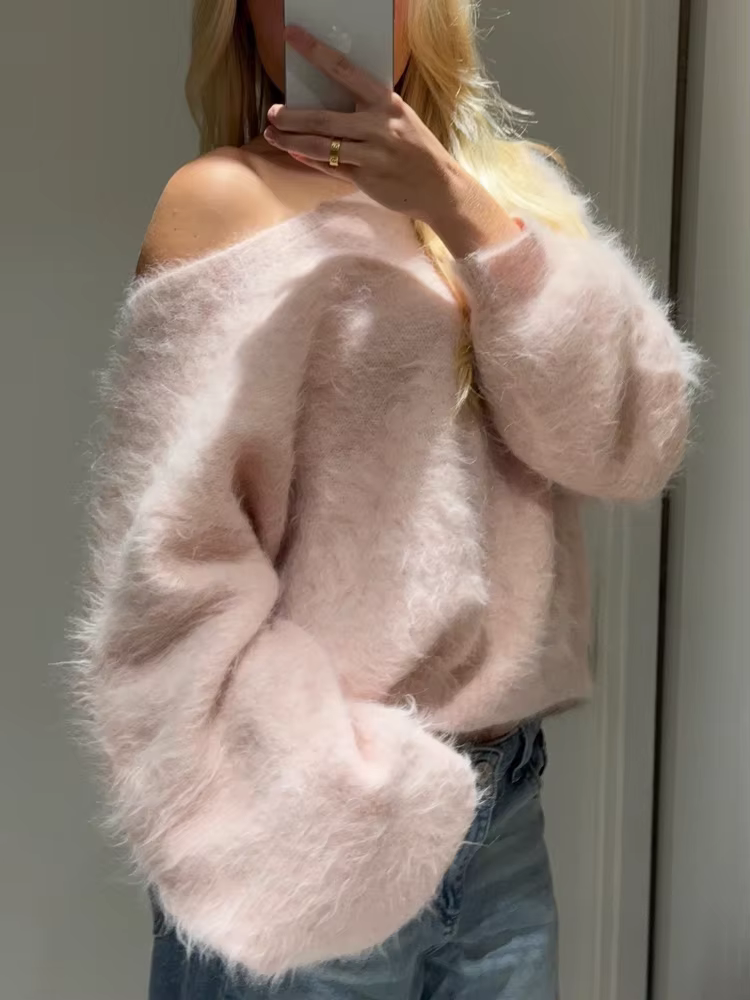 FSMG Fashion Pull court en mohair doux et moelleux pour femme
