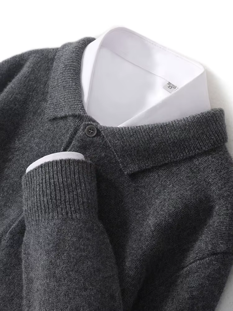 Pull à col POLO pour hommes, épais, manches longues, pulls d'affaires, 100% laine mérinos, chemise en tricot, vêtements de base, nouvelle collection automne hiver