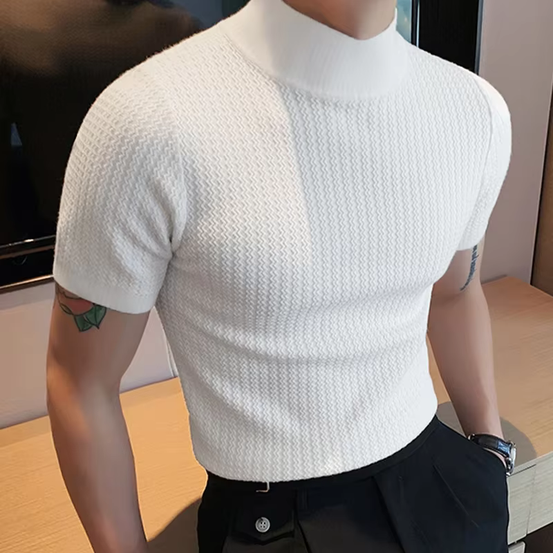 T-shirt tricoté à col roulé pour hommes, coupe cintrée, couleur unie, chemises décontractées, manches courtes, pull à bascule, Streetwear, 2024