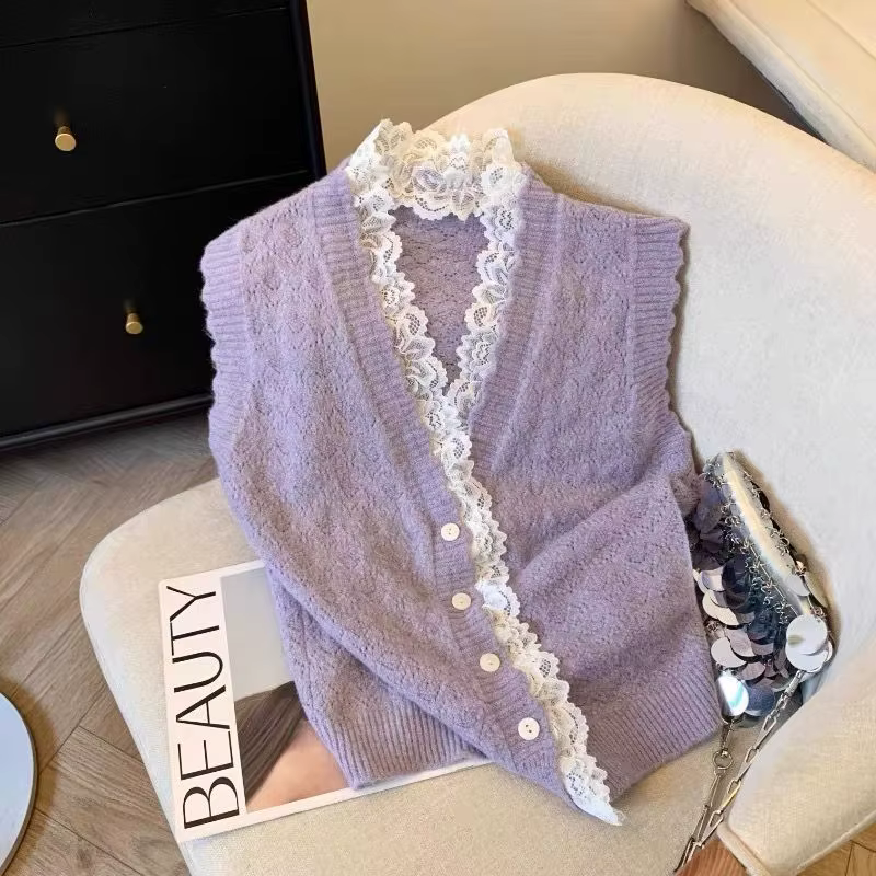 Vintage col en v dentelle Patchwork pull gilet 2026 début automne nouveau Cardigan tricoté Y2k col rond haut sans manches pour les femmes