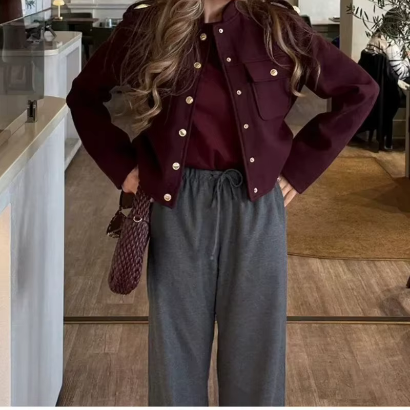 Veste courte à col montant pour femmes, manteau Vintage décontracté à Double boutonnage